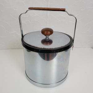 Vintage Home Kitchen Ice Bucket Container Wood Silver‎ Chrome Mid Century Retro